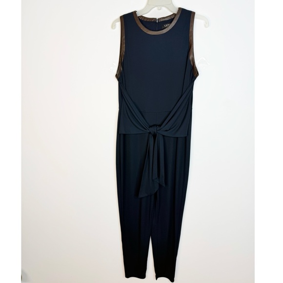 Lauren Ralph Lauren Navy Tie-Front Jersey Sleeveless Jumpsuit Brown Trim XL - Picture 3 of 11